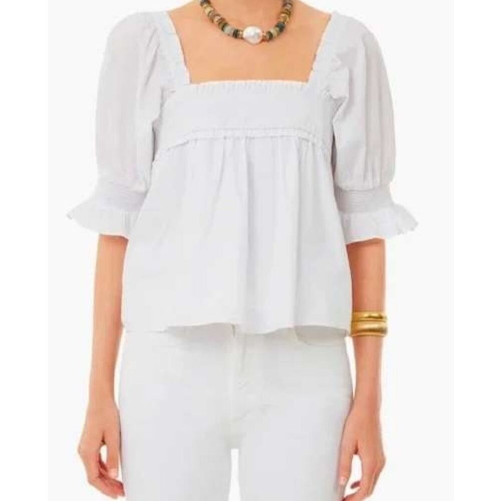 Hyacinth House White Square-Neck Smocked Ruffle Puff-Sleeve Top